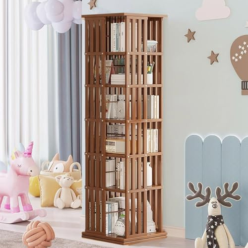 WANGYYDS Bücherregal Drehbar, Drehbares Bücherregal Mit 5-6 Ebenen, Eckbücherregal, Aufbewahrungsregal, Bambus Drehbares Bücherregal, Drehregal Spielzeugregal Kinderbücherregal Standregal,brown-6Tier