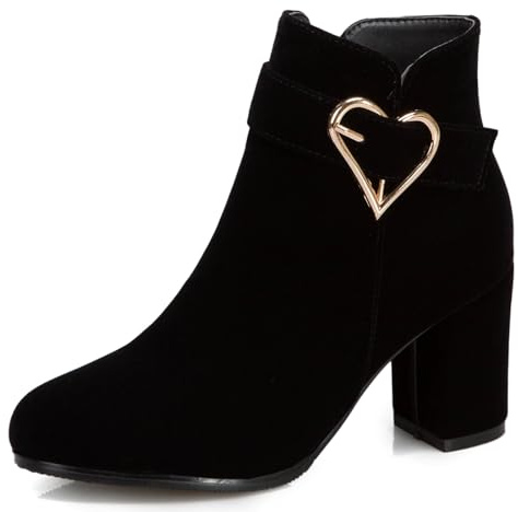 OALEEN Bottines Boots Femme Hiver Talon Haut Carré Bloc Bout Rond Coeur Métal Effet Suède Velours Soirée Chaussures Noir 48