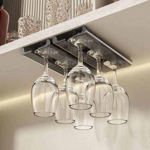 Vaisoeny Vinglashållare, 2-pack vinglashållare under skåp, ingen borrning, installation, vinglasställ, hängande glas för kök och bar (gery)