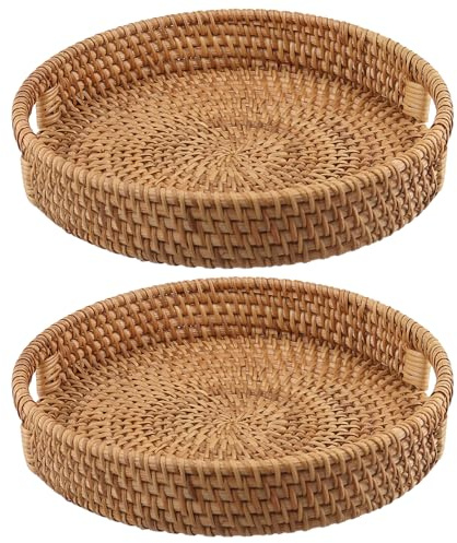 TAICHEUT 2 PCS 25cm Round Rattan Woven Serving Trays, 10 Inch Decorative Woven Tray with Handle,Coffee Table Trays for Snacks, Candy, Bread