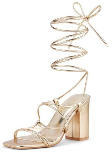 GENSHUO Damen Riemchen-Sandalen mit kräftigen Absätzen, quadratischer offener Zehenpartie, Schnürung mit 8 cm hohem Absatz, Knöchelriemen und Blockabsätzen, Gold, EU 38.5