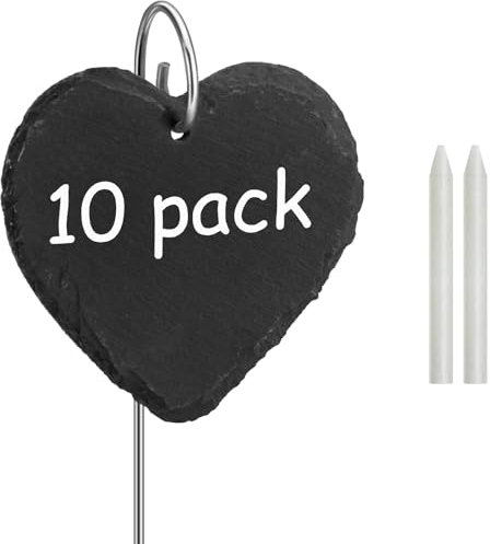 Poeland Lot de 10 plaques en ardoise pour plantes, résistantes aux intempéries, réutilisables, avec tige en métal en forme de cœur