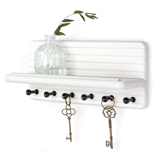 Rebee Vision Decorative Key Holder Wall Mount for Home Organization – 11-inch Pine Wooden Key Holder for Wall with 6 Hooks & Floating Shelf - Modern Farmhouse Home Decor (White)