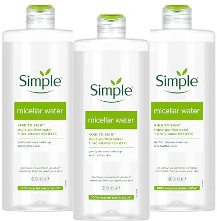 Simple Micellar Water – Kind to Skin, Triple-Purified Water + Pro-Vitamin B5, B3 & C, No Perfume, No Harsh Chemicals, Gently Removes Makeup & Soothes Skin – (400ml, Pack of 3)