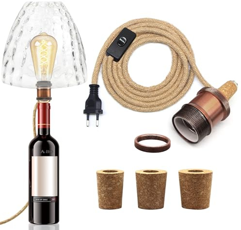 E27 Portalampada per Bottiglia, 240 CM Corda di Canapa Cavo e Porta Lampade in Metallo Ceramica, Lampada per Bottiglia con 3 Tappi di Sughero, DIY Lampada da Tavolo Kit per Varie Bottiglie