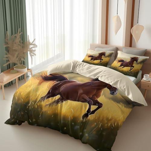 Set Housse de Couette 260 x 240 cm Cheval Brun Courant sur l'herbe Parure de Lit 2 Personnes et 2 Taies d'oreiller 65x65 cm, 100% Microfibre Parure de Linge de Lit avec Fermeture Éclair, Jaune