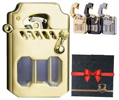 Metal Rocker Feuerzeug, Retro Transparent Benzinfeuerzeug, Benzin Feuerzeug Metall Ist Langlebig, Mit Transparentem Kraftstofftank, Winddicht (Gold)