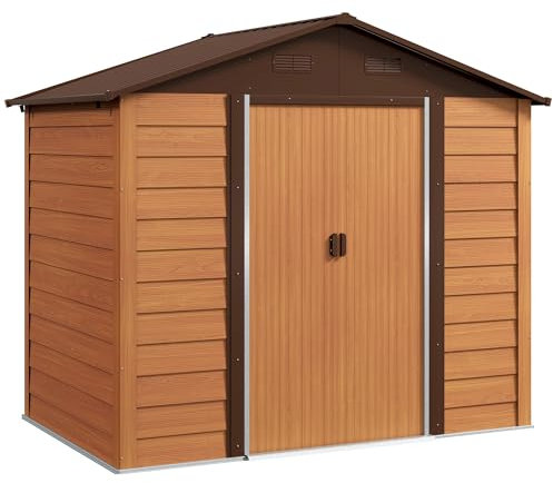 Outsunny Casetta da Giardino 4.07m² in Acciaio Zincato con Fori di Drenaggio Prese d'Aria, Capanno Porta Attrezzi con Tetto Inclinato, Doppie Porte Scorrevoli Bloccabili, Design Effetto Legno, Marrone