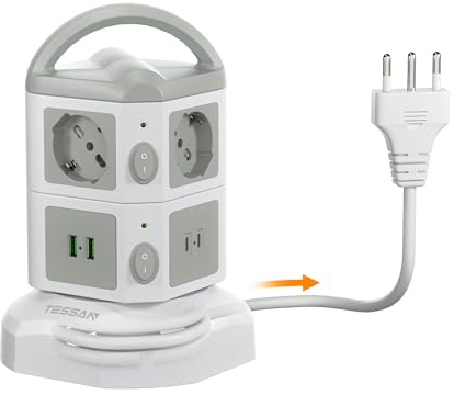 TESSAN Ciabatta Multipresa con 2 USB C, Ciabatta Elettrica con 6 Prese Schuko, Prolunga Retrattile 2M, Torretta Multipresa da Scrivania con 2 Interruttori Indipendenti, Girgio