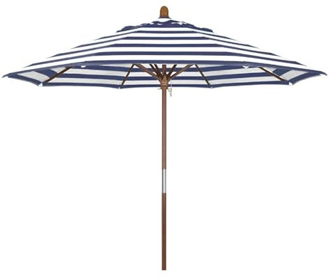 Générique Parasol de terrasse rayé bleu-blanc 210/270cm, parasol d'extérieur avec 8 baleines et mât en bois, Ombrelle pour la cour, le jardin et le balcon(9ft/270cm)
