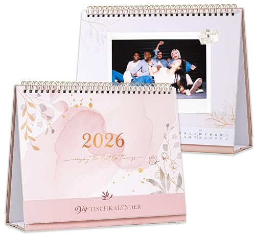 Tischkalender 2026 zum Selbstgestalten - Bastelkalender 2026 von Janury bis Dezember, Stehkalender 2026 selbst gestalten, Kalender 2026, DIN Monatskalender für 10x15 cm Fotos, Rose