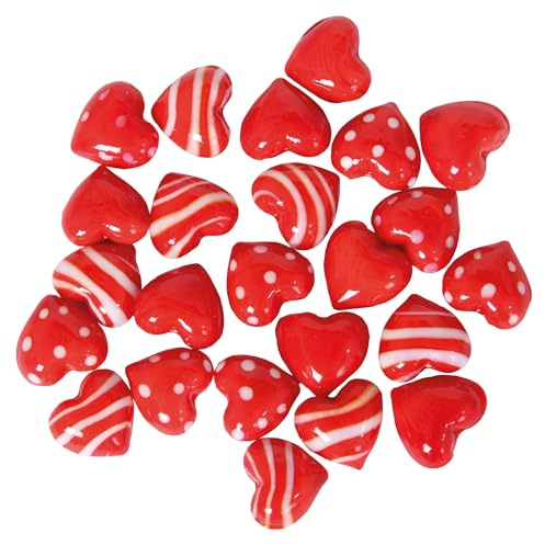Ameisenkeks® 24 Glasherzen rot | Handgefertigte Dekoherzen aus Glas | Herzform mit Punkten & Streifen | ca. 2 cm | Basteln, Valentinstag, Streudeko, Hochzeit, Geschenkidee