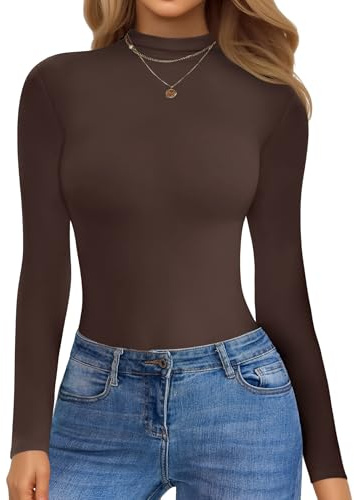 Ekouaer High Neck Top damer långärmad skjorta varm undertröja långärmad topp smal passform vinter, S–XXL, BRUN, L