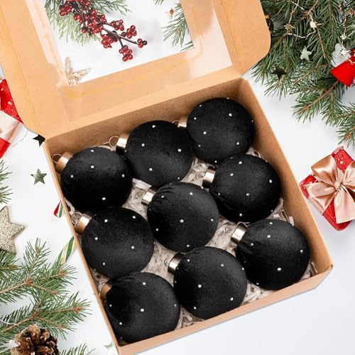 Polly Online Velvet Christmas Balls Ornaments 9 Pack,Lightweight,60mm/2.36inch Shatterproof Xmas Bulbs Hanging Ornament Christmas Tree Balls for Birthday Halloween Holiday Wedding Decorations,Black