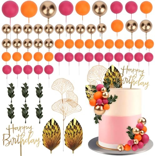 CORNER LACE 62Pcs Birthday Cake Decorations - Pink Orange Gold Ball Dessert Picks Mini Balloons Foam Balls Cupcake Toppers Happy Birthday Party Cake Supplies