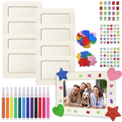 GYHWOFUL Bilderrahmen Holz Set zum Bemalen – 8 Holzbilderrahmen Bastelset für Kinder, DIY Holzrahmen mit 12 bunten Stiften, Glitzersteinen & Stickern für Geburtstage und Geschenke