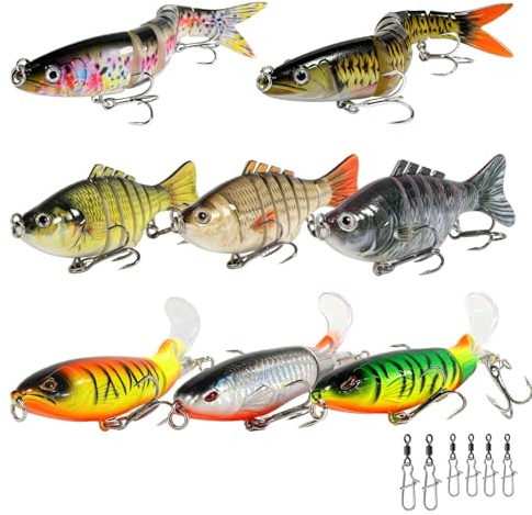 Swim baits Fishing Lures for Freshwater, Fableblis Mixed Top Water Bass Lures, 5pcs Multi Jointed Swimbaits & 3pcs Artificial Whopping Plopping Baits for Bass Trout Catfish Crappie Muskie Walleye