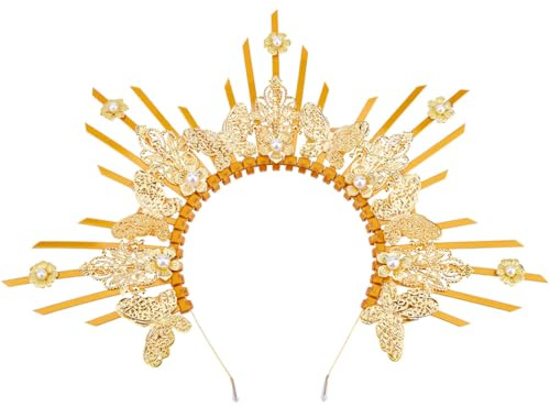 DICOSMETIC 1 Stück Strahlende Sonnengöttinnen Heiligenschein Krone Halloween Gold Sonnenkranz Schmetterlings Kopfschmck Für Damen Party Cosplay Dekoration