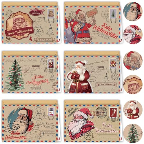 CUBarty 12er Weihnachtskarten mit Umschlag Set, A6 Vintage Klappkarten mit 6 Motive, Frohe Weihnachten Weihnachtskarte mit Weihnachtsmann-Retro-Illustration (A)