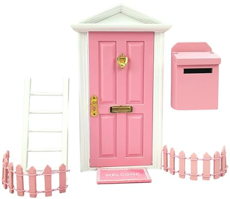 Ensemble de porte de fée miniature – Décoration en bois miniature, petite porte murale, comprend des échelles, des clôtures, des boîtes aux lettres, des tapis de pieds | Accessoires de fée enchanteurs