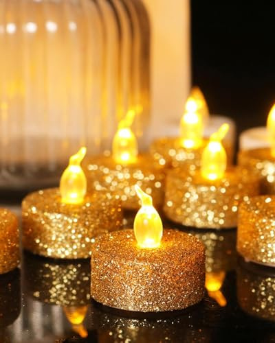 wisdom line Candele LED glitterate Dorato, confezione da 8 scaldapiatti senza fiamma con timer, 3,6 x 3,6 cm, alimentate a batteria CR2032, decorazione per Natale e feste