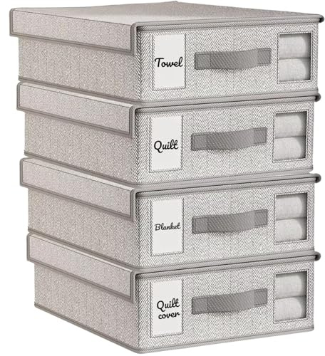 Avindora 4 Pack Bed Sheet Closet Organizers and Storage - Foldable Sheets Holder Organizer for Linen Closets, Home Organization Set with Window (Queen & King) Organizing Bedding Container, Light Gray
