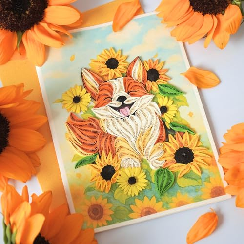Quilling Birthday Card with Envelope - Handmade Cheerful Fox Sunflower Garden Field - Quilled Card for Her, Friend, Daughter - Thanksgiving Greeting Card - Paper Quilling Art 5x7 Inch