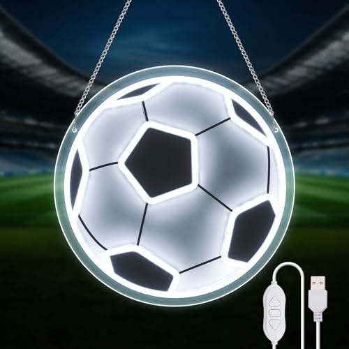 BRIGHTDECK Soccer Neon Sign, World Cup Dimmable LED Football Neon Light, USB-Powered World Cup Decor for Boys Teen Bedroom Man Cave Dorm Party Soccer Fan Decorations (BlackWhite)