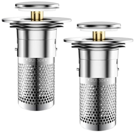 2 Stück Pop-Up Waschbeckenstöpsel aus 304 Edelstahl & ABS mit Haarsieb, universeller Abflussstopfen für 34-40mm Abfluss, schneller Wasserablauf in Küche & Bad, einfache Montage ohne Werkzeug