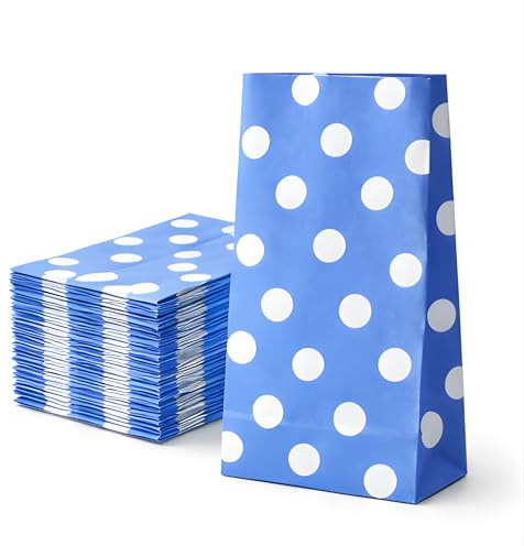 Papiertüten Blau 50 Stück 12x7x21 cm - Geschenktüten Papier gepunktet 60 g/m² - Kindergeburtstag Tüten & Mitgebsel Tüten - Süßigkeiten Tüten plastikfrei