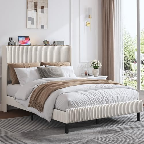 OKMYHOME Polsterbett 140x200 cm Doppelbett mit Bettbank (145 cm Länge, 46 cm Höhe) - Polsterbank mit Hydraulischem Stauraum, Gepolstertes Bettgestell mit Lattenrost aus Metall, Cordstoff, Beige
