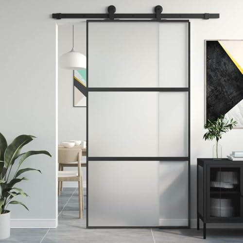 Skjutdörr svart 102,5 x 205 cm härdat glas aluminium matt, modern innerdörr med insynsskydd, robust ram, tyst dörrstopp för snygg övergång till utrymme