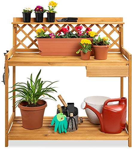 Best Choice Products Outdoor Garden Potting Bench, Wooden Workstation Table w/Cabinet Drawer, Open Shelf, Lower Storage, Lattice Back - Natural