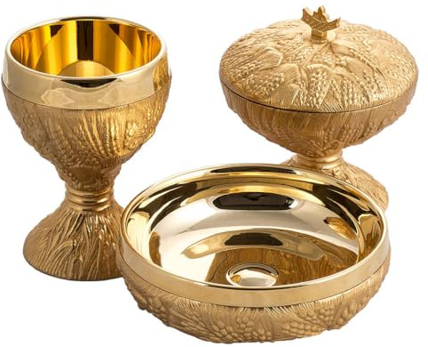 Holyart Patena Cáliz Copón espigas latón Fundido e, PatenaAltura cáliz: 14 cm|Diámetro Copa Cáliz: 9.5 cm|Diámetro Patena: 16 cm|Diámetro píxide: 12 cm|Altura píxide: 13 cm