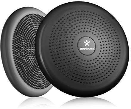 BODYMATE Cuscino propriocettivo gonfiabile per equilibrio comprensivo di Pompa - cuscino con rilievi, core training, fitness, riabilitazione, allenamento di coordinazione e della schiena - Nero Ø 34cm