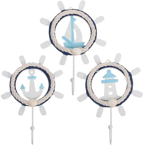 Amosfun 3er Set Mediterraner Stil Wandhaken, Robuster Kleiderhaken FüR Badezimmer, KüChe, Schlafzimmer, Wohnzimmer, Deko Lenkrad, Blau-Weiß Holz, 20x16x3 Cm