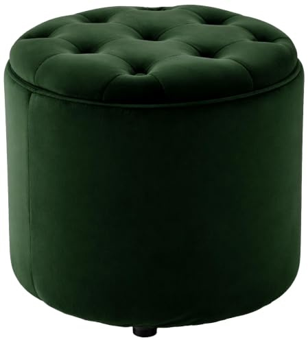 CLP Sitzhocker rund mit Stauraum Pantin, Fußhocker gepolstert mit Samtbezug, Hocker im Chesterfield Design für Wohnzimmer und Schlafzimmer Farbe grün