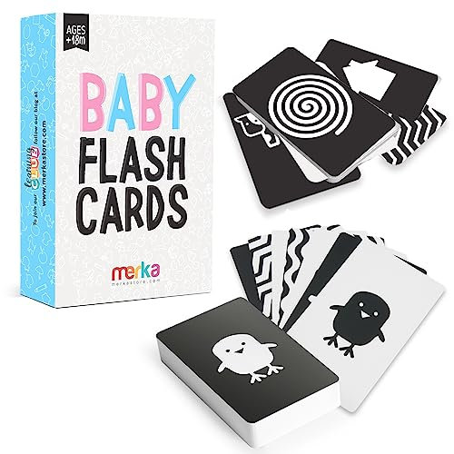Merka Tarjetas De Alto Contraste Para Bebés - Set De 50 Tarjetas En Blanco Y Negro Para La Estimulación Visual Y El Desarrollo Cerebral/Sensorial - Para El Aprendizaje En Niños De 18 Meses En Adelante