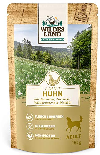 WILDES LAND – Huhn | Nassfutter mit extra hohem Fleischanteil und natürlichen Zutaten für ausgewachsene Hunde. Alleinfutter ohne Zusatzstoffe in der Dose | 8x150g Huhn