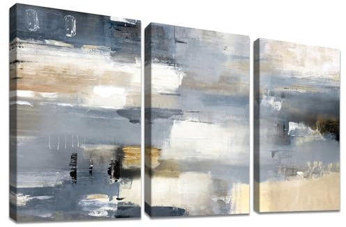 3 Panels Wooden Framed Canvas Wall Art Set Abstract Grey Beige White Painting on Canvas Prints Poster Artworks Pictures for Living Room Bedroom Hallway Stairs Home Office Wall Decor 40x60cm x3pcs