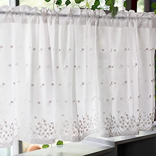 Daoyuan Kitchen Curtain Voile Tier Curtains,Embroidery Short Curtain with Pure Cotton Lace,Half Curtain Valance Country Style Cafe Curtain,Bistro Curtains for Kitchen Living Room Bathroom Bedroom