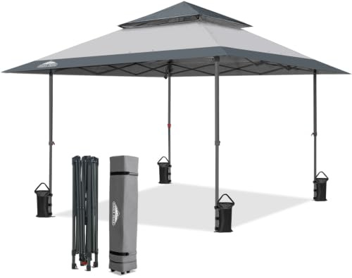 EAGLE PEAK Schräge Beine Faltbar Pavillon 4x4m Wasserdicht Camping Pop-up Faltpavillon mit Seitenteil, inkl. Rucksack, Grau/Hellgrau