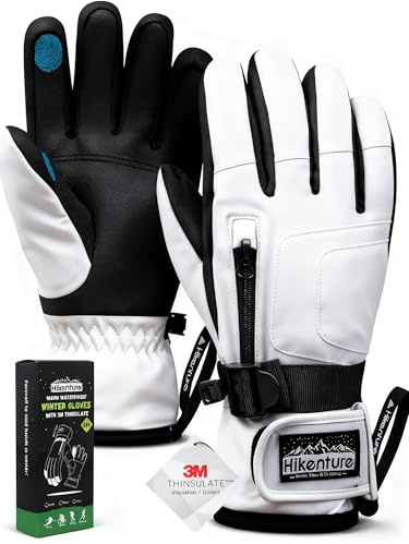 Hikenture Ski Gloves Snow Glove for Men&Women, 3M Thinsulate Waterproof Snowboard Gloves, Insulated Touchscreen Snowmobile Glove for Cold Weather, Windproof Warm Skiing Gloves, White-L