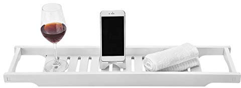 LARIAU - Badewannenbretter, weißes Badewannenregal, Badewannenablage, Badewannenablage zum Aufbewahren von Büchern/Telefon/Weinglas/Seife, 27,6 x 19,5 x 6,4 x 1,6 Zoll