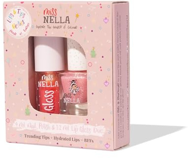 Miss Nella Pink Secret Lips & Tips duo- duftender Lipgloss + glitzernder Nagellack für Kinder mit abziehbarer, wasserbasierter und geruchsfreier Formel