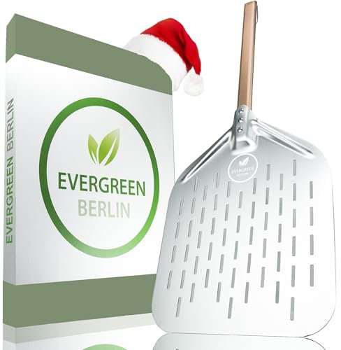 EVERGREEN BERLIN® - Pizzaschieber - DAS ORIGINAL - Pizzaschieber perforiert - Pizzaheber aus Alu und Buchenholz - Pizzaschaufel perforiert für Pizza Passion - Pizzawender - Pizza Schieber - Pizza Peel