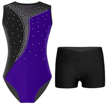 TTAO Kinder Mädchen Ärmellos Gymnastikanzug Mit Strassstein Training Leotard Mit Shorts Turn Set Glitzernde Gymnastik Training Dancewear Gymnastikbody 6-16 Jahre Lila & Schwarz 134-140