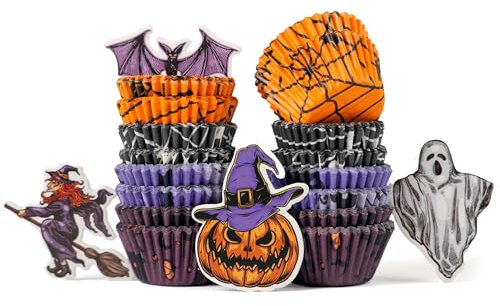 Bake Choice 400 Moldes Magdalenas Papel de Halloween con 12 Adornos,Tamaño Mini Diámetro (Inferior 3,5 cm),Perfecto para Fiestas de Halloween, Eventos Escolares y Repostería Familiar