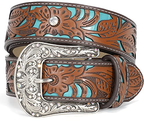 JasGood Damen Herren Western Ledergürtel Vintage Gürtel Gravierter Cowboy Cowgirl Landgürtel mit Retro Schnalle für Jeans Hosen Kleider,Braun,110cm(Passt Taillenumfang 86cm-95cm)