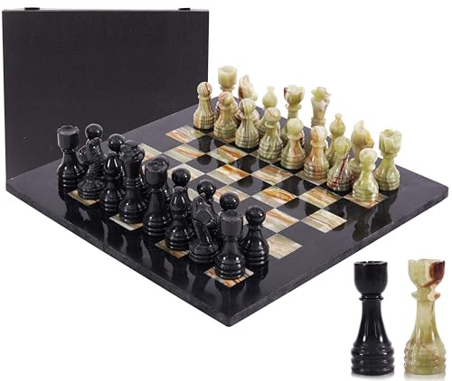 Marmorschackspel för vuxna, 40 cm handgjort brädspel i svart och grön onyx med 32 schackpjäser, 2 extra drottningar och förvaringslåda, lyxigt resespel, elegant present till heminredning